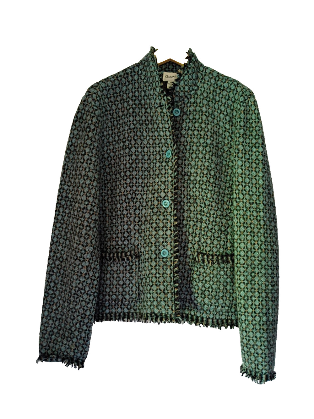 Chadwick's Women's XL 100% Boiled Wool Jacket Teal Black Fringe Button Front
